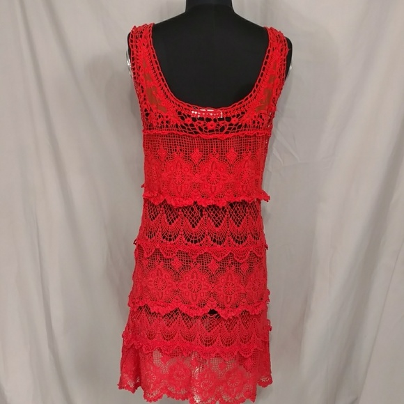 Sexy Crochet Dress Bright Red v Feminine Ravi Khosla Long Mini Short Midi sz Med - Picture 5 of 8